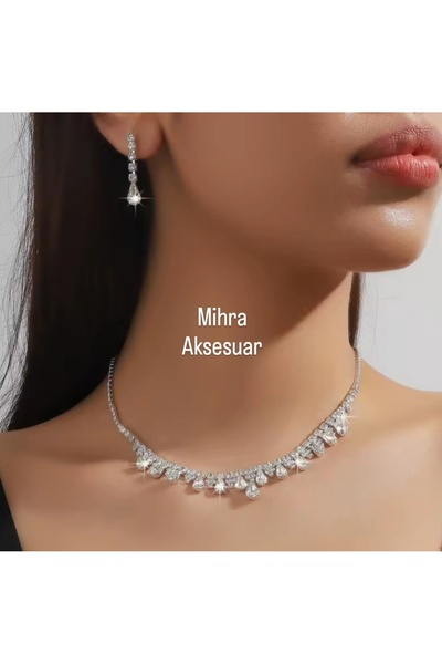 Mihra Aksesuar Kristal Taşlı Kolye Küpe Set Gümüş kaplama 35 cm taşlı kısmı 10 cm uzatma zincir payı var