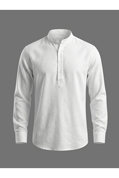 WAMOSSALAPLI Uzun Kollu Hakim Yaka Üç Düğmeli Keten Dar Kesim Beyaz Gömlek