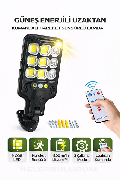nelerbulurum Güneş Enerjili Kumandalı 3 Modlu Hareket Sensörlü 9 Cob Ledli Ba...