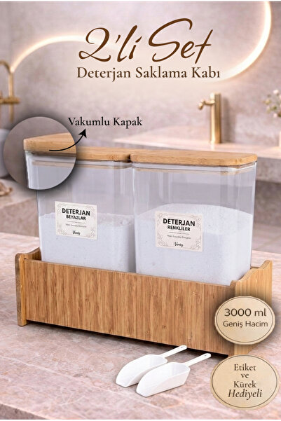 Lizzy 2 ' Li Ahşap Standlı Ahşap Vakumlu Kapaklı Deterjan Kutusu Kavanozu 300...