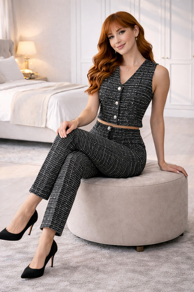 ahanora طقم نسائي من قماش التويد من شانيل يتكون من سترة وبنطلون