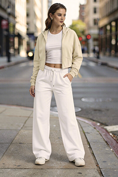 Fancy&Fun Kadın Uzun Kollu Kapüşonlu Fermuarlı Crop 3 İplik Şardonsuz Sweatshirt