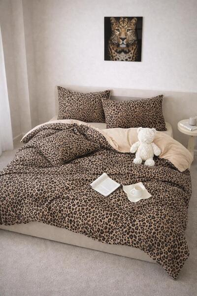 Sheri Home Basic Leopar Çarşafı Lastikli Çift Kişilik Nevresim Takımı 200x220...
