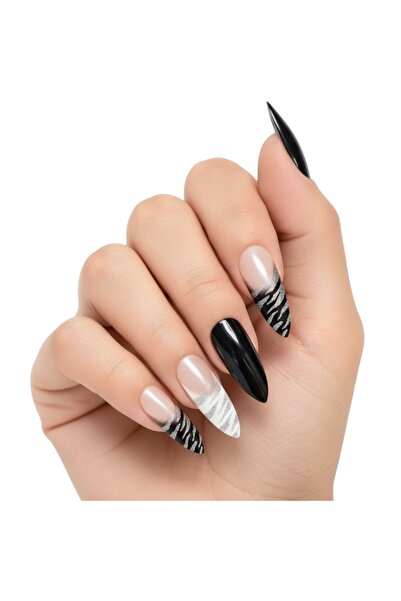 24'lü Siyah Beyaz Simli Animal Print French Takma Tırnak Lüks Desenli Extra Uzun Sivri Stiletto Set