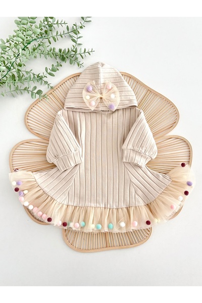 Jammybaby Candy Ponponlu Kapüşonlu Puffy %100 Pamuk Fiyonklu Kız Bebek Elbise
