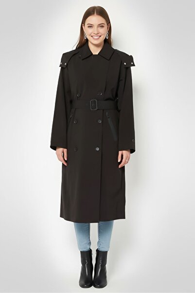 Lacoste Women Solid Trench Coat, Black