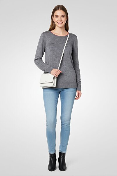 Lacoste Women Ribbed Neck Long Sleeve Heather Sweaters, Heather Grey