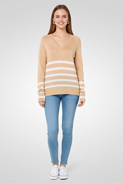 Lacoste Women V-Neck Stripe Sweater, Beige
