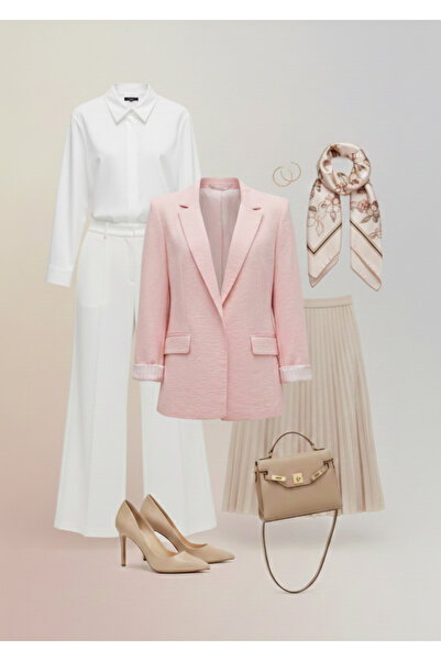 Genel Markalar Kadın Vatkalı Astarlı Çizgili Çilek Kumaş Blazer Ceket