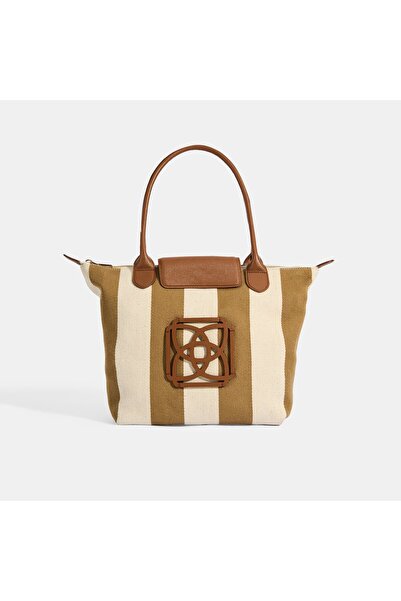 Desa Kadın Monogram Logolu Vizon Çizgili Kumaş Midi Omuz Çantası