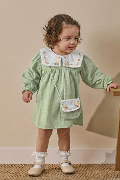 Minipodyum Kız Bebek Nakışlı Bebe Yaka Müslin %100 Pamuk Çantalı Bayramlık El...