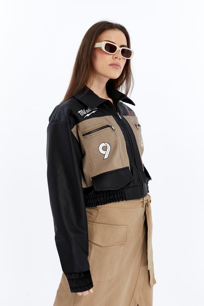 CHOS7N Women Oversized Denim Jacket Sleeves Leather Garnished Biker Coat Printed Racer College Bomber Jacket