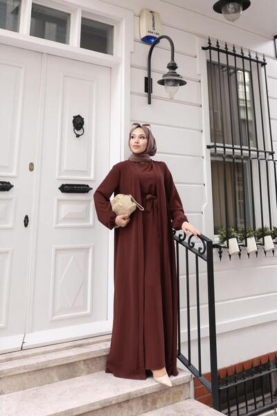 Kalemen Moda طقم فستان عباية بيتول مزدوج 24686 بني