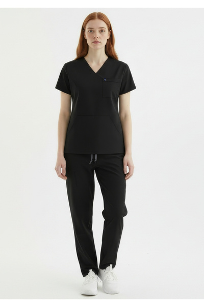 Qule Üniforma Siyah Unisex Atlas Kısa Kol Kanguru Cep Hemşire ve Doktor Scrub...