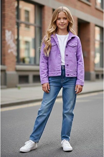 Hilal Akıncı Kids Kız Çocuk Renkli Seyyar Kapüşonlu Mevsimlik Kot Ceket