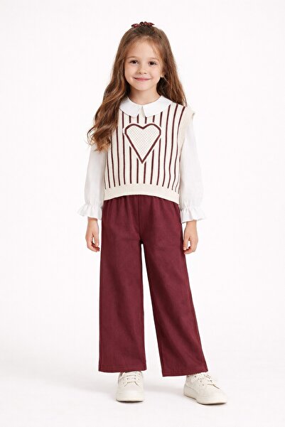 Cansın Mini Burgundi džemper sa uzorkom srca, košulja i pantalone, set od 3 d...