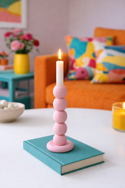 BitByteBrick Bubble Desenli Mumluk & Şamdan - Şeftali Pembesi