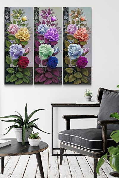 Evimemoda Renkli Çiçekler 3 Parça Mdf Tablo