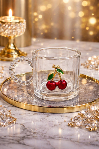 YzHome 300ml Special Design - Cherry Model Beaded Crystal Glass Cup Mug Set of 3