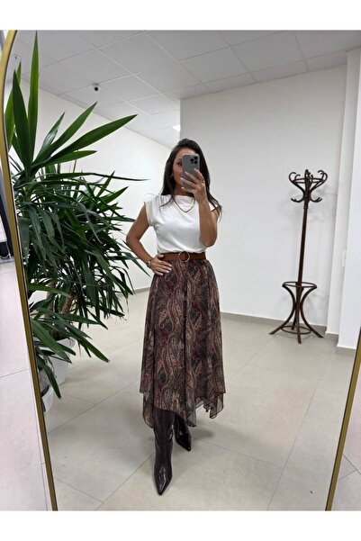 Mzr Collection KADIN DESENLİ KAHVE LACİVERT GEÇİŞLİ ASTARLI ASİMETRİK ŞİFON ETEK