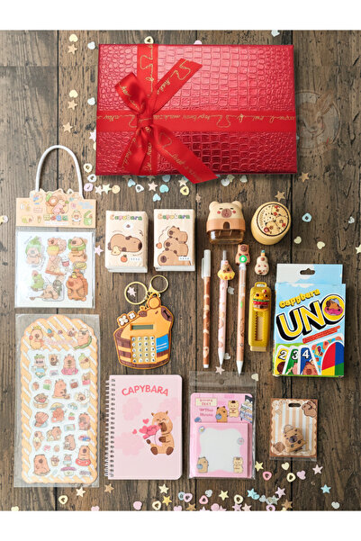 Ceylan Kırtasiye 16 lı Lüks Kırmızı Kutulu Kapibara Hediye Seti Kalem Silgi D...