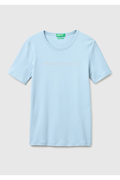 United Colors of Benetton Women's Light Blue 100% Cotton Logo Printed Crew Ne...