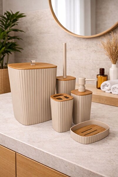 Store HGY Home Ahşap Detaylı Yapışkanlı Safir Vizon 5'li Banyo Seti