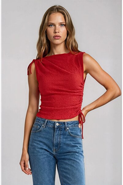 OLSAMODA Women's Fabric Dressy Draped Sleeveless Blouse with Ruffle Detail