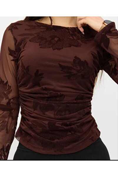 LİFERA Flok Printed Drape Detailed Blouse, Stylish, Elegant, Suitable for Occ...