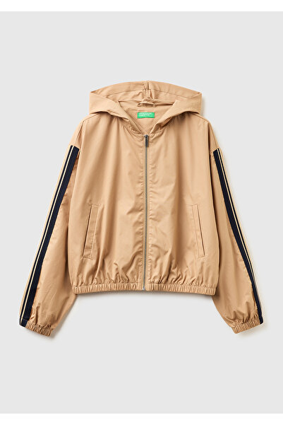 United Colors of Benetton Women's beige 100% cotton striped zip-up hooded can...