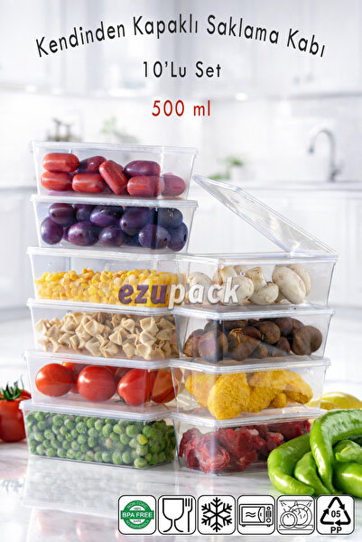 Ezu Home 0,5 LT 10 Adet Kendinden Kapaklı Mikrodalga Difriz Derin Dondurucu B...