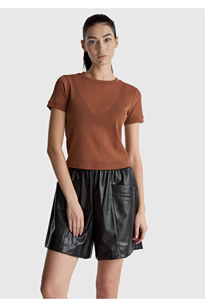 United Colors of Benetton Women's Dark Brown Glitter Crew Neck Slim Fit T-Shirt