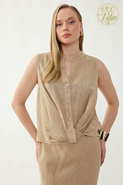 Vitrin 100% Linen Button Front Gathered Blouse