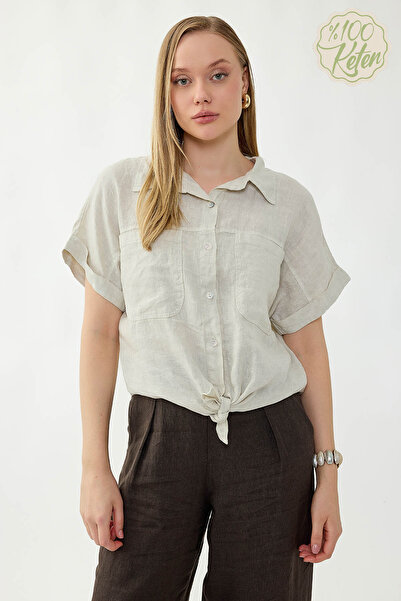 Vitrin 100% Linen Short Sleeve Shirt with Cover Pockets and Tie Front