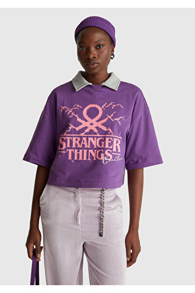 United Colors of Benetton Kadın Mor %100 Pamuk Boxy Fit Crop Stranger Things ...