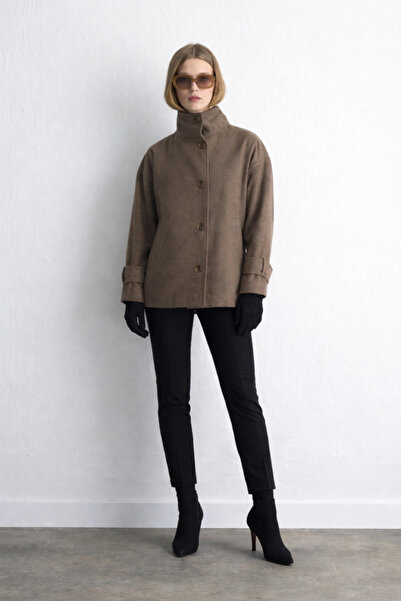 Gusto Dik Yakalı Yün Kaban - Vizon