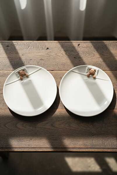 Anadolu Saray 2'li 19cm Seramik Beyaz Yatan Ayı Tasarım Handmade Pasta Tabağı...