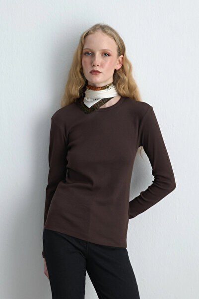 Gusto Long Sleeve Basic Cotton Tshirt - Brown