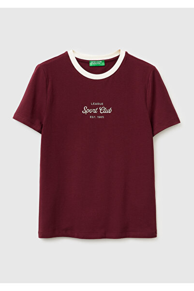 United Colors of Benetton Women's Burgundy Cotton Blend Embroidered Crew Neck...