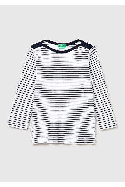 United Colors of Benetton Women's blue 100% cotton striped boat neck sweatshirt