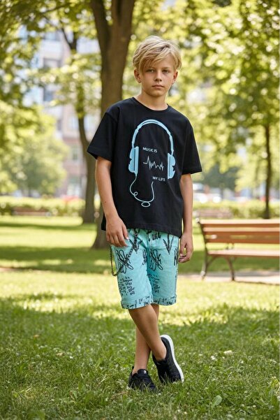 Hilal Akıncı Kids Dečije slušalice Štampano crna majica sa lancem i natpisima...