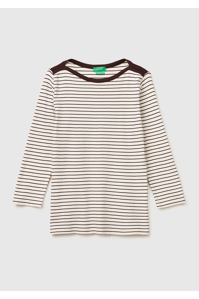 United Colors of Benetton Γυναικείο μπεζ φούτερ από 100% βαμβάκι με ριγέ λαιμ...