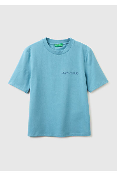 United Colors of Benetton Women's Light Blue Cotton Blend Sequined Embroidere...