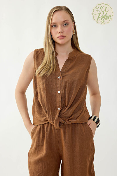 Vitrin 100% Linen Button Front Gathered Blouse