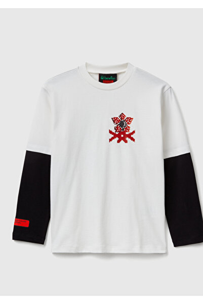 United Colors of Benetton Αγορίστικη κρεμ βαμβακερή μπλούζα 100% Stranger Thi...