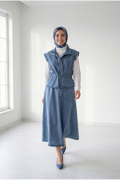 MİHRA STORE Σετ Veletta με Γιλέκο και Τζιν Φούστα - ML2076 Μπλε