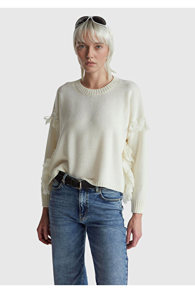 United Colors of Benetton Γυναικείο πουλόβερ με λεπτομέρεια από μαλλί κρέμας ...