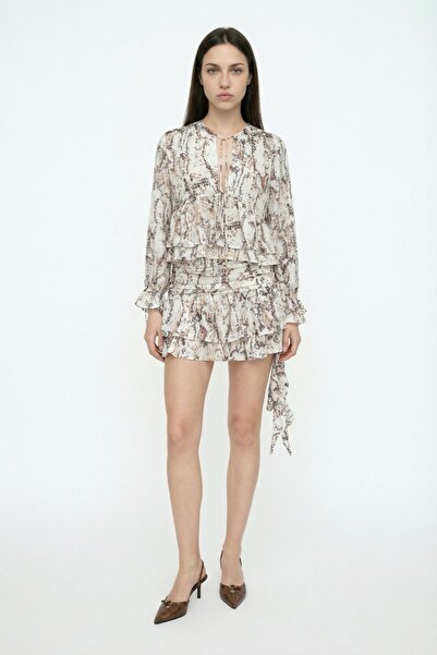 Quzu Patterned Ruffled Mini Skirt Beige