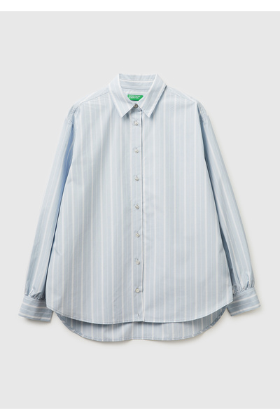 United Colors of Benetton Women's Light Blue 100% Cotton Striped Poplin Shirt