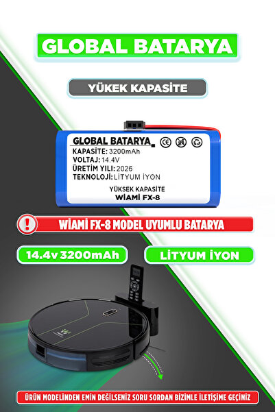 GLOBAL BATARYA Wiami Fx-8 Uyumlu Robot Süpürge Bataryası 14.4V 3200Mah Pil (Y...